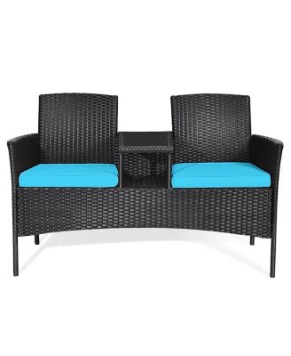 Patio Rattan Loveseat Sofa Cushioned Coffee Table