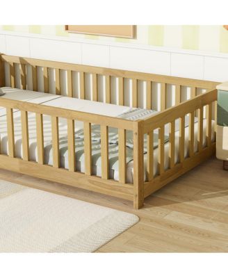 Twin Size Floor Bed with Fence and Safety Guardrails
