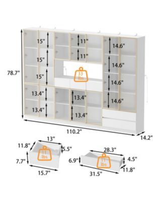 Large 30-Shelf Wood Standard Bookcase With Doors,LED Lights,Drawers