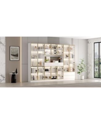 Large 30-Shelf Wood Standard Bookcase With Doors,LED Lights,Drawers