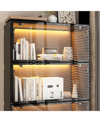 Modern Wood 4-Shelf Bookcase with Doors and 3-Color LED Lights