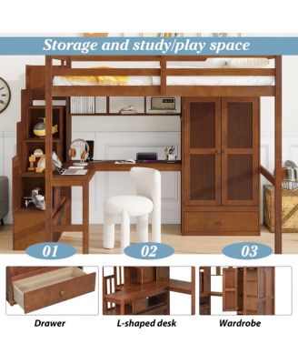 Full Size Walnut Loft Bed with Desk, Shelves, Wardrobe & Stairs