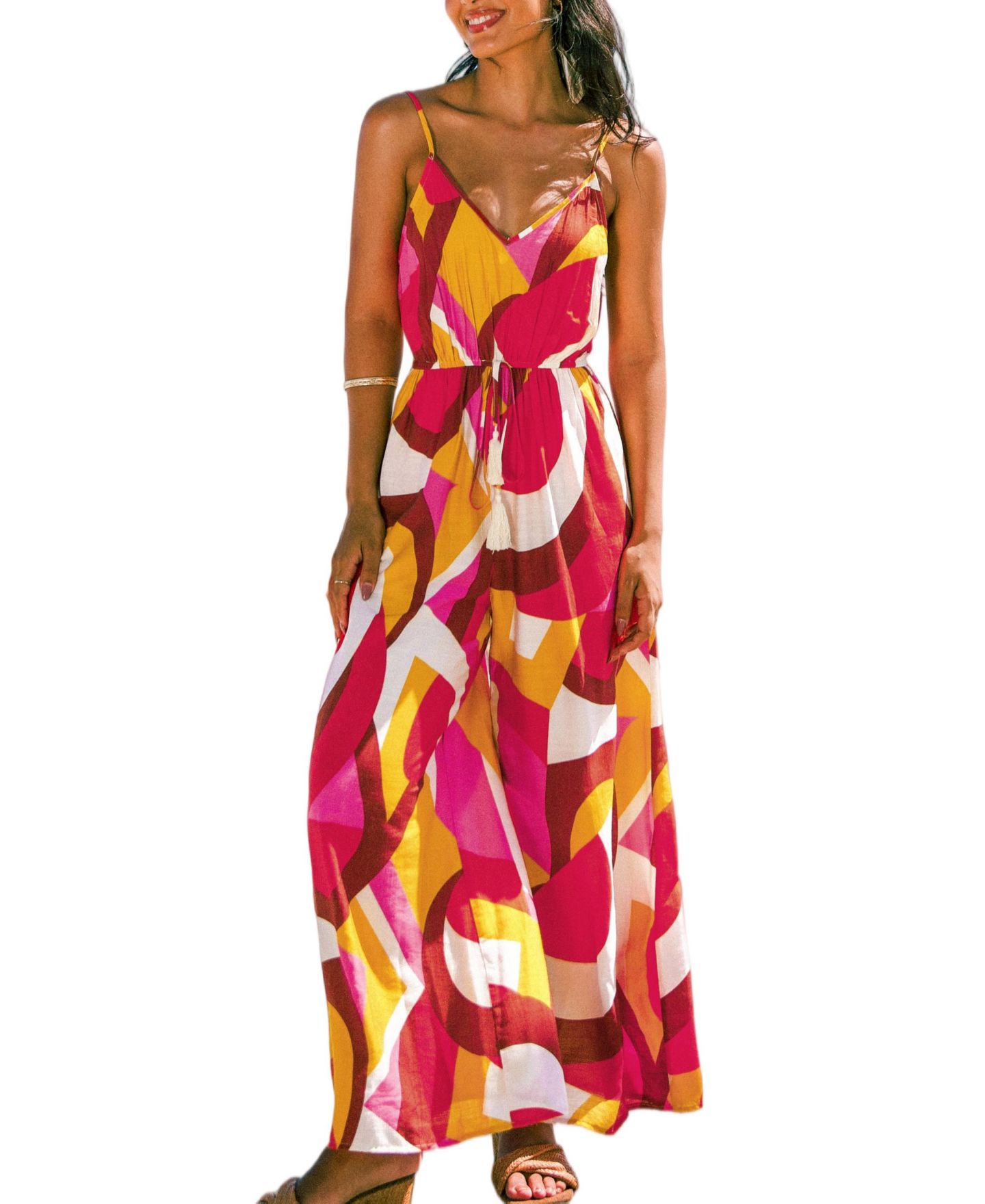 Женский комбинезон Cupshe Printed V-Neck Wide-Leg Jumpsuit, цвет: Open Miscellaneous — фото 2