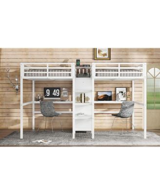 Twin Over Twin Metal Loft Bed with Double Desk, Wardrobe, Shelves & Outlet