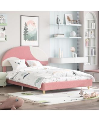 Full Bed Frame with Boucle Arch Headboard Modern Upholstered Platform Wooden Slats No Box Spring Kids Guest