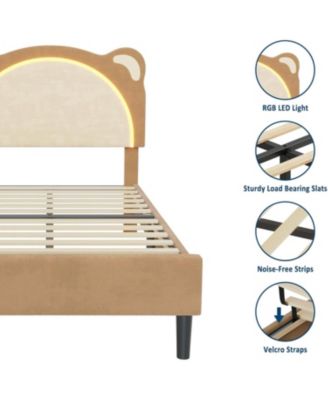 Twin Bed Frame for Kids Upholstered Adjustable Headboard LED Light Wood Slats No Box Spring Coffee