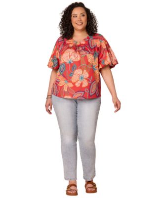 Plus Size Bubble Bell-Sleeve Printed Top