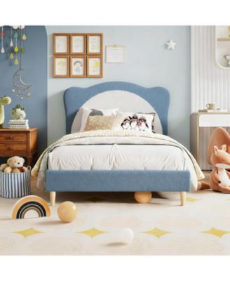  Upholstered Platform Bed for Kids Velvet Princess Panda Headboard Wood Slats No Box Spring