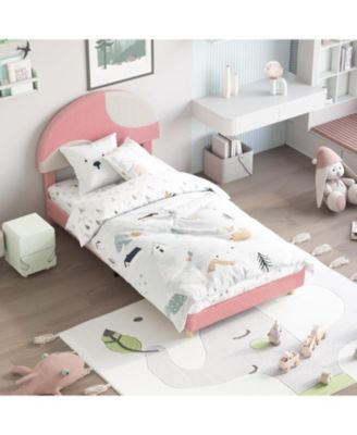 Modern Arch Boucle Twin Bed Frame Soft Pink and Beige Headboard Wooden Slats No Box Spring Cozy Bedroom