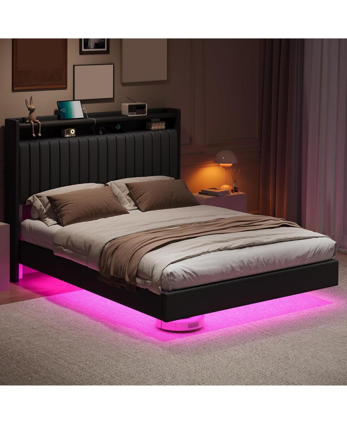 gaomon Queen Floating Bed Frame 50 Inch Led Headboard Charging Station Platform Hidden Legs
