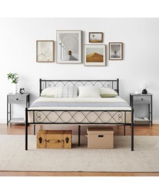 Queen Metal Platform Bed Frame With Headboard Storage Capacity Steel Slats Modern No Box Spring Easy Assembly