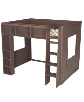 Queen Size Wooden Loft Bed with Storage Cabinets and Shelves