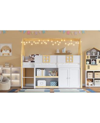  Low loft bed with stairs, shelves, cabinets & LED lights