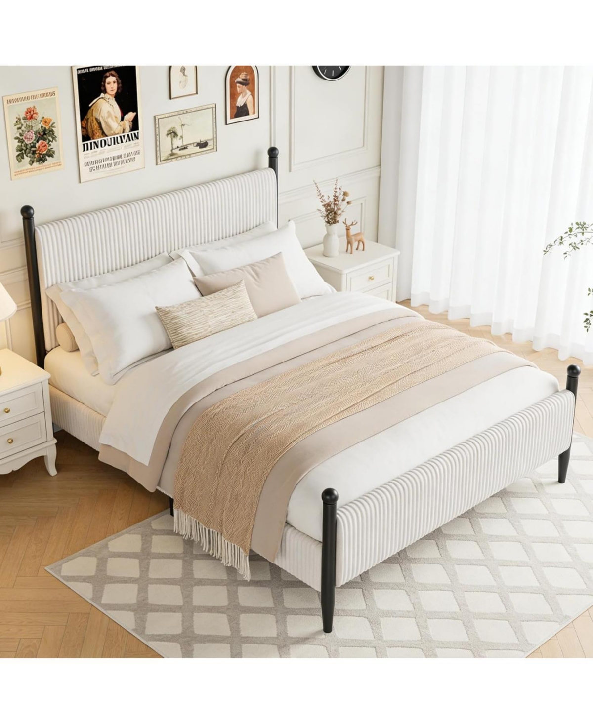 gaomon Upholstered Bed Frame - with Headboard, Soft Corduroy Fabric Platform Wooden Slats Support & Heavy Duty Feet