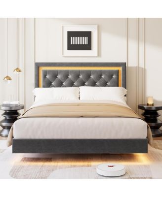 Floating Bed Frame with Smart LED Upholstery Diamond Headboard Wood Slats No Box Spring Needed Noise Free Easy.