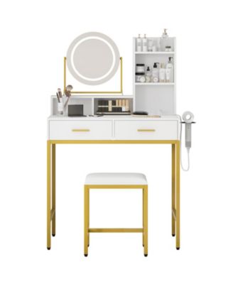 Makeup Vanity Set with Rotating Lighted Mirror, Stool, 2 Drawers and Power Outlet