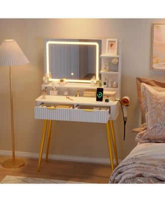 Mid-Century Modern Makeup Vanity Desk with Lighted Mirror, 2 Drawers and Cabinet