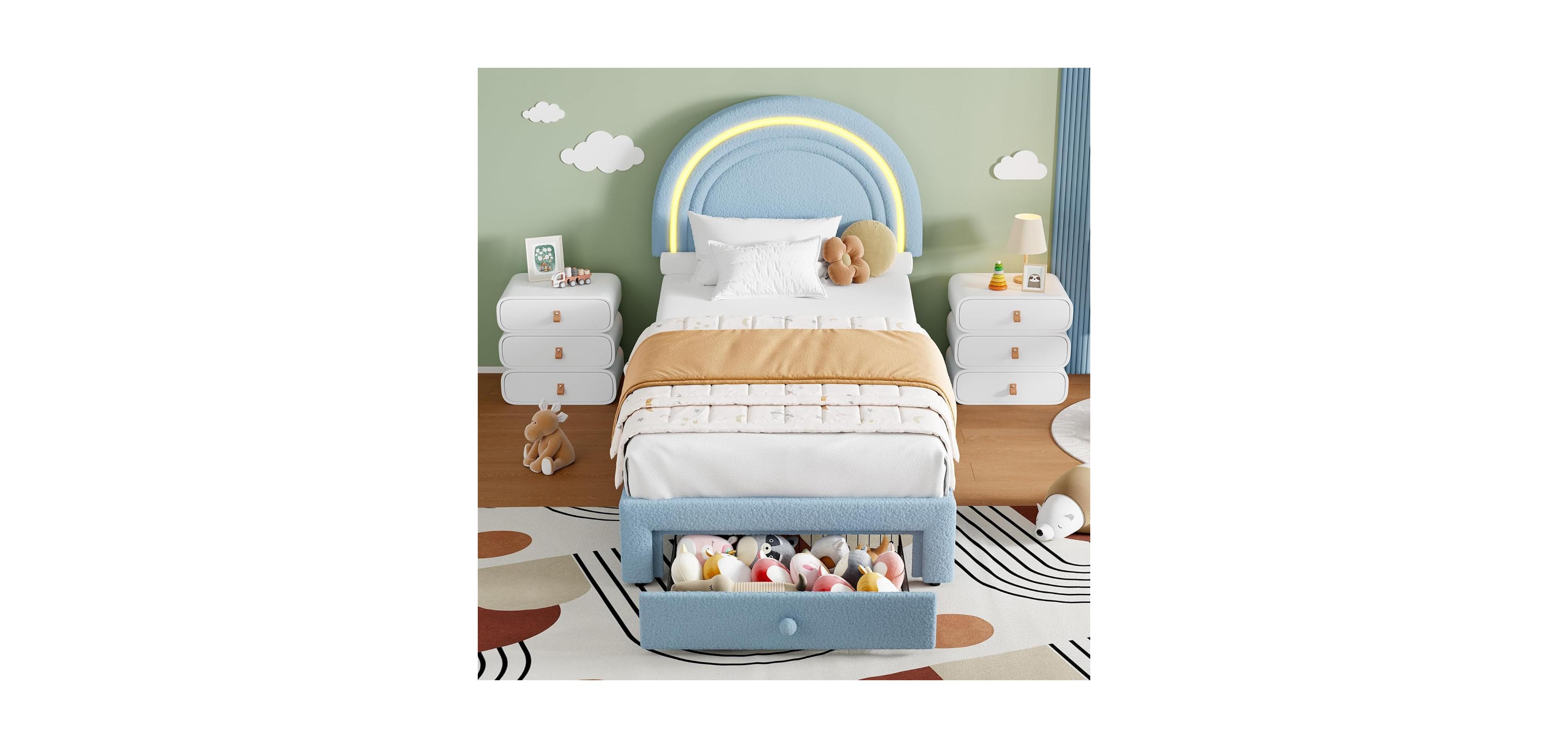 gaomon Bed Frame Led Headboard Underbed Drawer Metal Platform Bed Girls Lamb Fleece Wood Slats No Box Spring