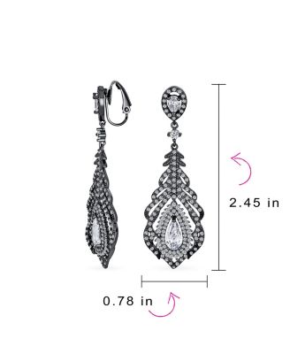 Art Deco Style Cubic Zirconia Leaf Teardrop Statement CZ Chandelier Clip On Earrings