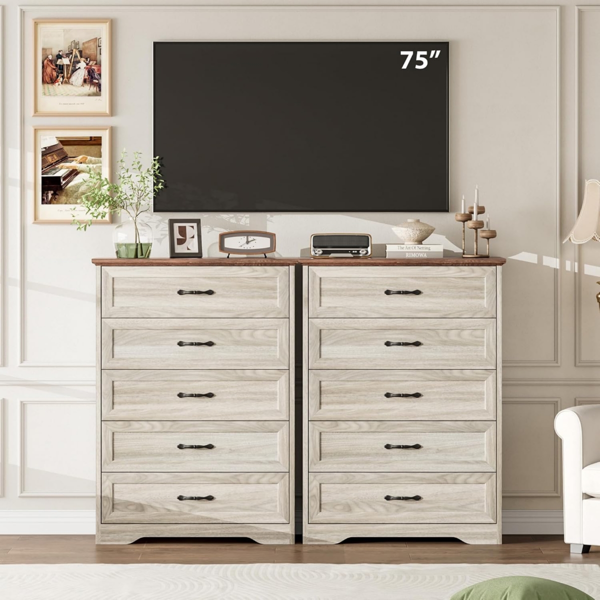 gaomon 5-Drawer Tall Dresser for Bedroom, Farmhouse Wooden Chest with Wide Metal Handles