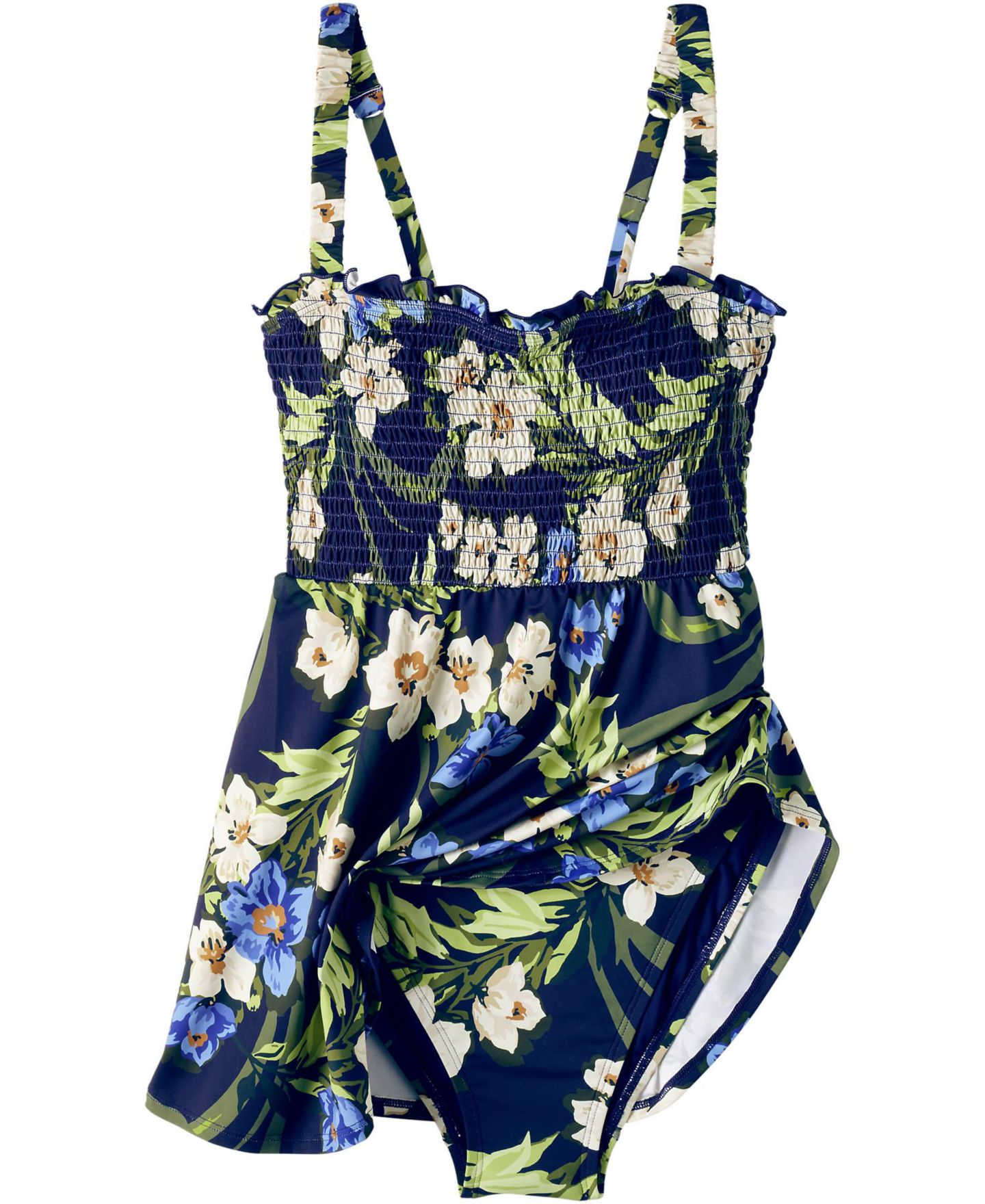 Женское платье Lands' End Plus Size Square Neck Smocked Mini Swim Dress, цвет: Морской / Синий с принтом — фото 4