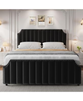 King Velvet Bed Frame 50 Inch Channel Tufted Tall Headboard Upholstered Platform Nailhead No Box Spring