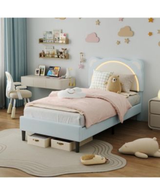 Twin XL Bed Frame Upholstered Platform for Kids Adjustable Headboard LED Light Wood Slats No Box Spring