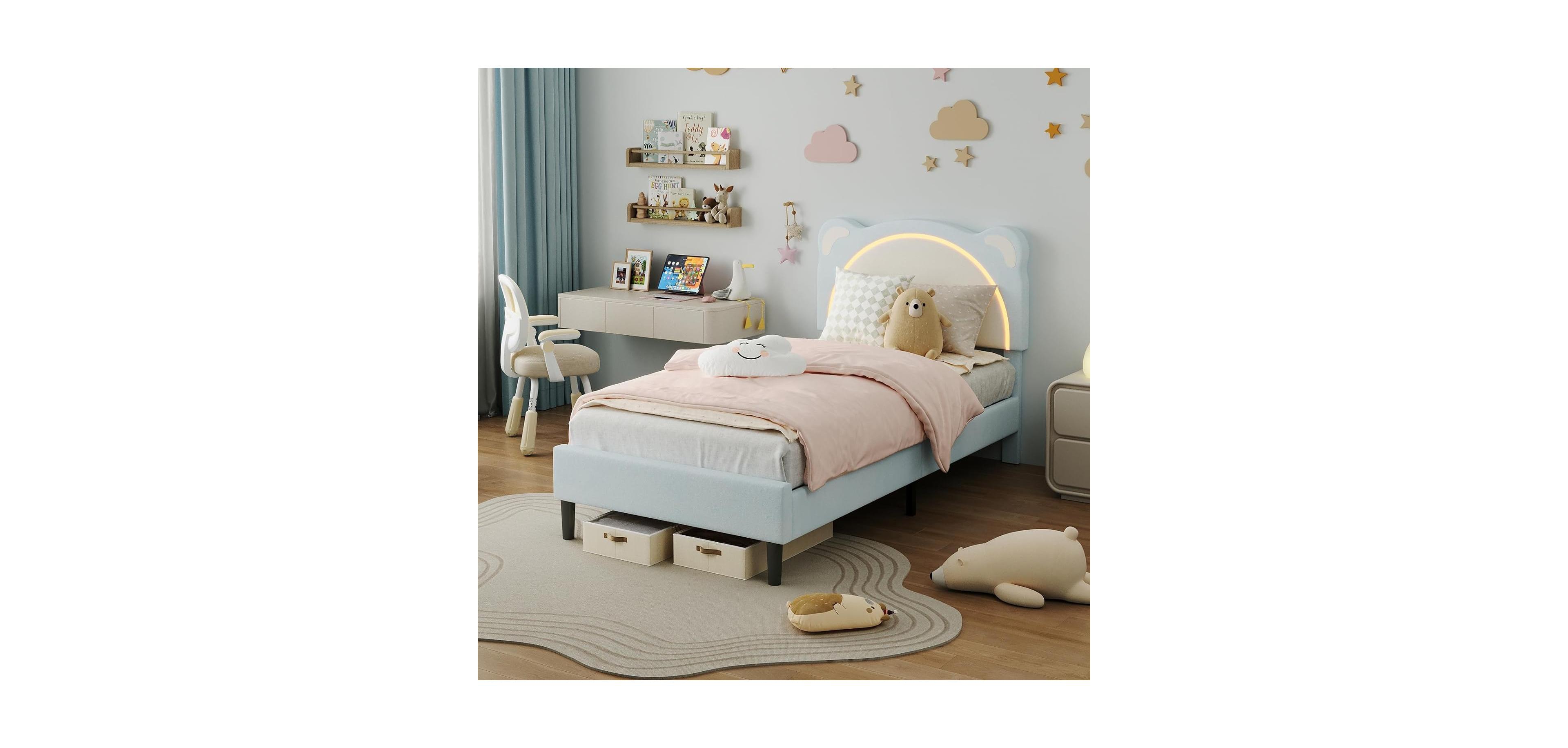gaomon Twin Xl Bed Frame Upholstered Platform for Kids Adjustable Headboard Led Light Wood Slats No Box Spring
