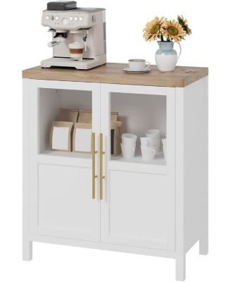Sideboard Cabinet with 2 Glass Doors and Drawers, 29" Buffet with Solid Wood Top