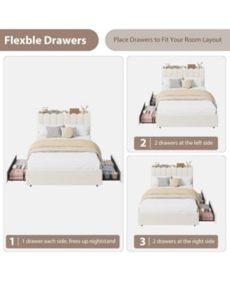 Full Bed Frame with Storage Headboard & 2 Drawers, Boucle Upholstered Wavy Headboard with Bookcase