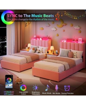 Frame with LED Storage Headboard Kids Platform Bed with 2 Drawers Boucle Upholstered Wave Headboard Bookcase