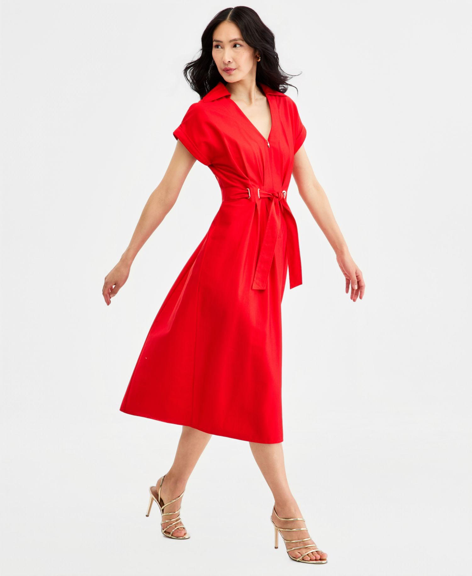 Women's Collared Belted Grommet-Waist Midi Dress