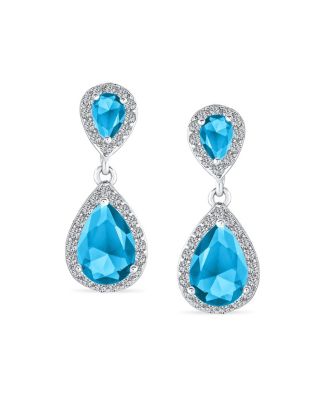 Classic Cocktail Pave Halo Cubic Zirconia CZ Double Solitaire Teardrop Dangle Earrings