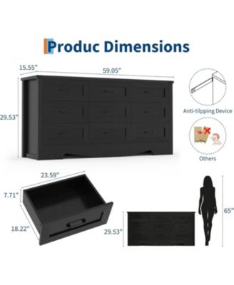 59" Wide 9-Drawer Dresser for Bedroom, Farmhouse Tall Wooden Chest of Drawers with Mid Century Modern Style