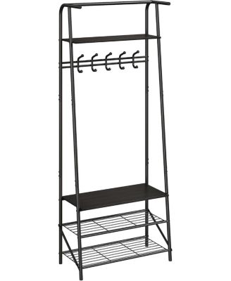 Hall Tree Coat Rack with Shoe Storage Bench, 5 Hooks, Metal Frame & Wood Look Design, 60cm Wide Entryway Organizer