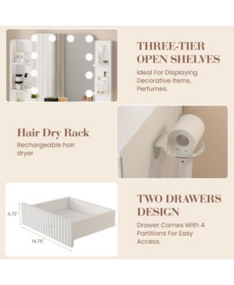 Modern Makeup Vanity Set with 12-LED Mirror, Stool, 2 Drawers, Shelves and Power Outlet