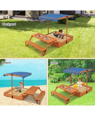 Kids Wooden Sand Box with Foldable Picnic Sensory Table and Bench
