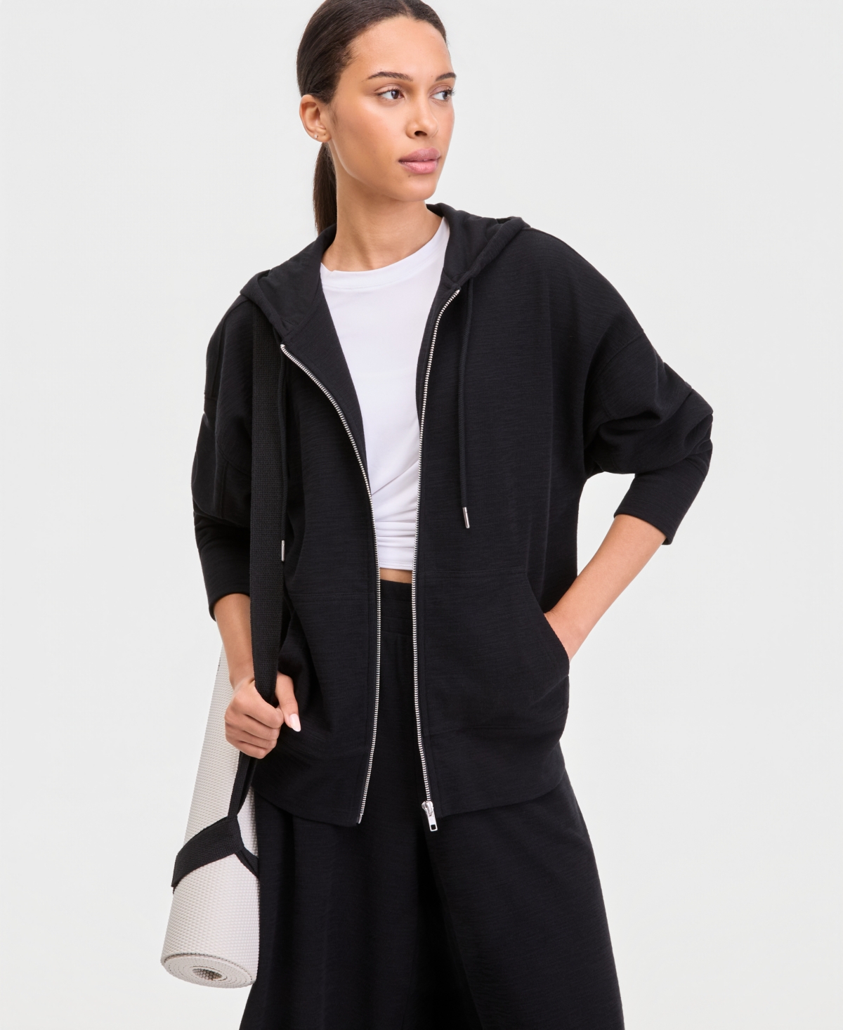 Id Ideology Women's Oversized Rib Slub Full-Zip Hoodie, Macy's Exclusive