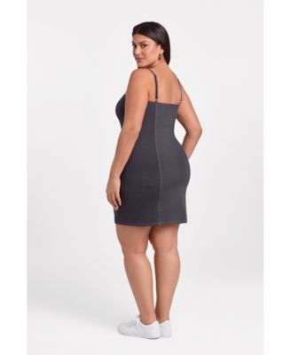 Women's Denim Straight Neck Sculpting Mini Dress with Built-In Shapewear