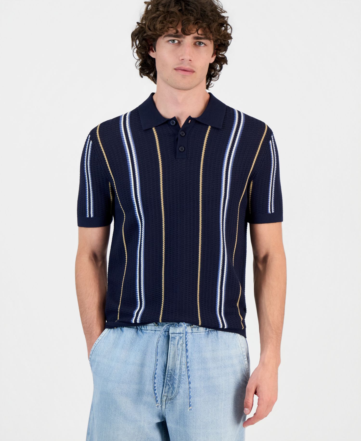 Men's Intarsia Striped Short-Sleeve Polo Shirt