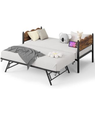 Twin Daybed with Trundle, Industrial Wood Grain Headboard, Steel Slats Support Sofa Bed for Bedroom, Living Room