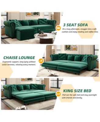 Streamdale Chesterfield Green Velvet King Size 3-in-1 Pull-Out Sofa Bed with Ottoman