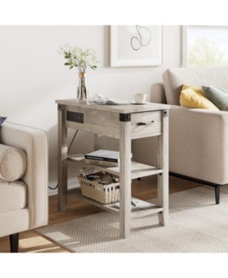 Narrow Flip-Top End Table with Drawer, Storage Shelves and Charging Station, Pale Oak