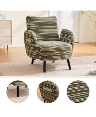 Modern armchair with sanded fabric, side pocket, solid wood legs