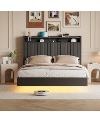 Full Floating Bed Frame RGB Led Charging Upholstered Headboard Storage Platform 50 Inch Leather