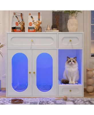 Cat Litter Box Enclosure with LED Light – End Table with Storage Drawers & Acrylic Doors