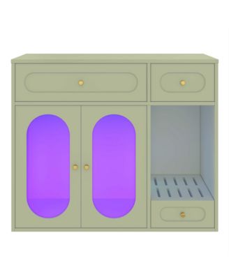 Cat Litter Box Enclosure with LED Light – White End Table with Storage Drawers & Acrylic Doors, Green