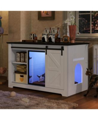 Farmhouse Cat Litter Box Enclosure with Sliding Barn Door – White Nightstand Cabinet with LED Light & Storage, Hidden Cat Furniture