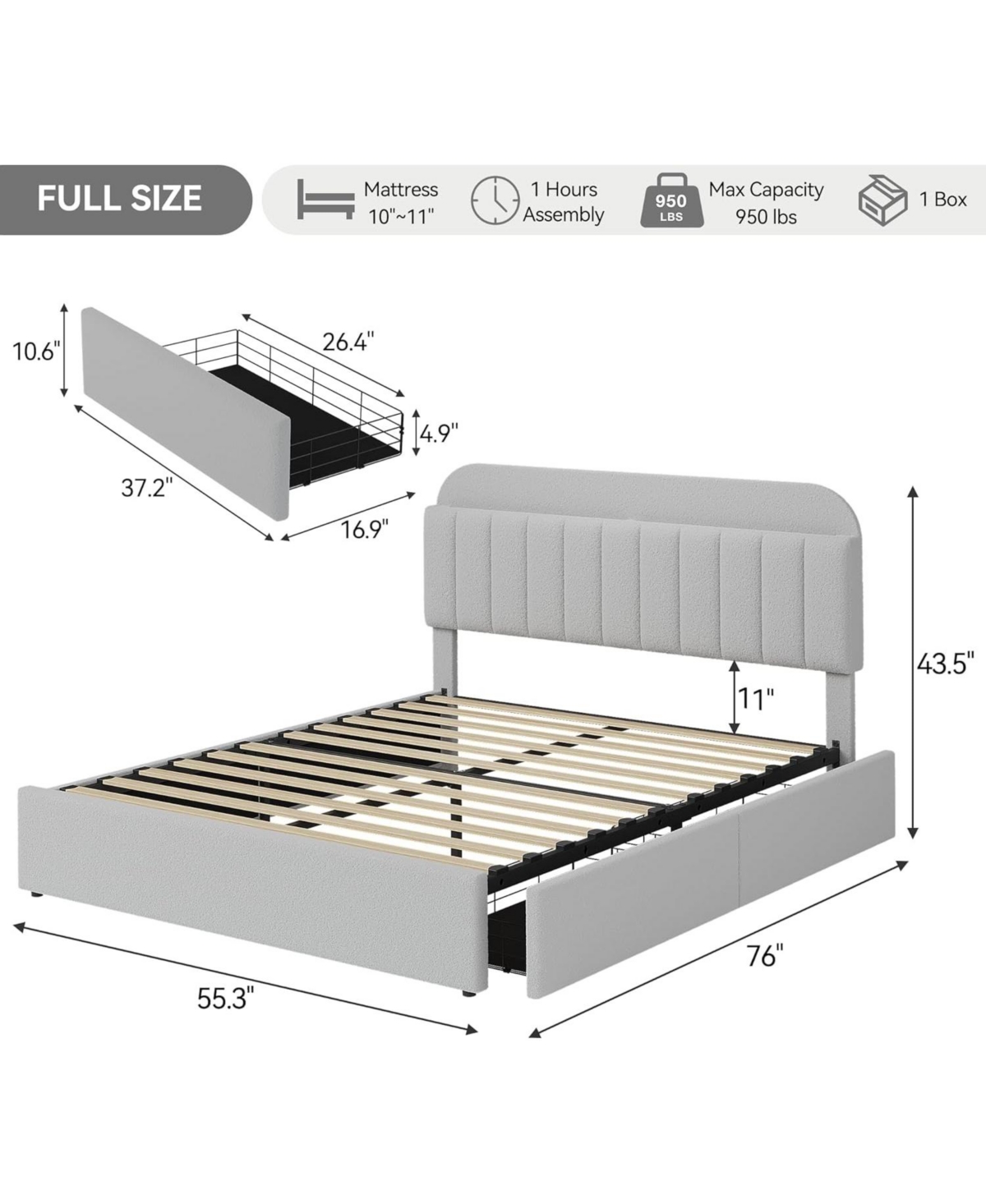 gaomon Bed Frame with Storage Headboard, Kids 2 Drawers, Boucle Upholstered Platform Bookcase