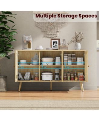47.2" Rattan Sideboard Buffet Cabinet with 3 Doors,Boho Sideboard Buffet Cabinet with Adjustable Shelves, White Console Table for Living Room